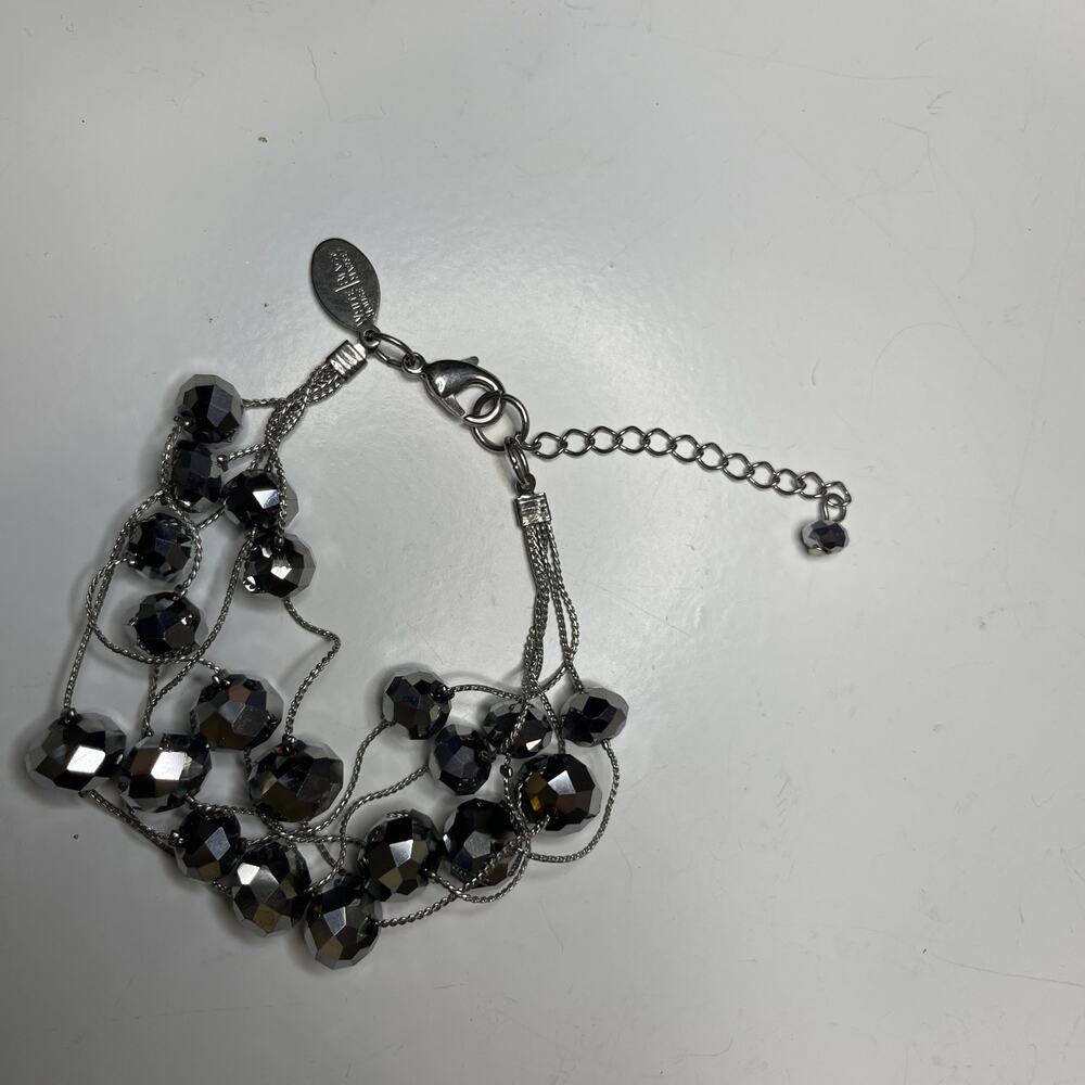 WHBM silver tone beaded bracelet charcoal gray faceted beads signed jewelry
